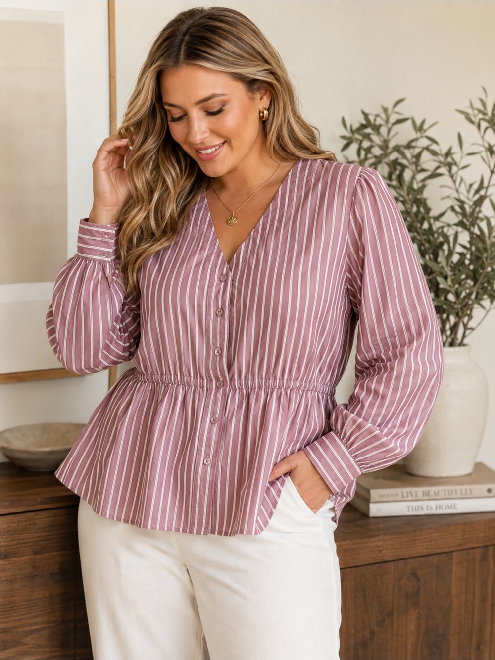 Liz Claiborne Mauve Stripe Peplum Cotton Blouse XL Cottagecore Boho Classic EUC